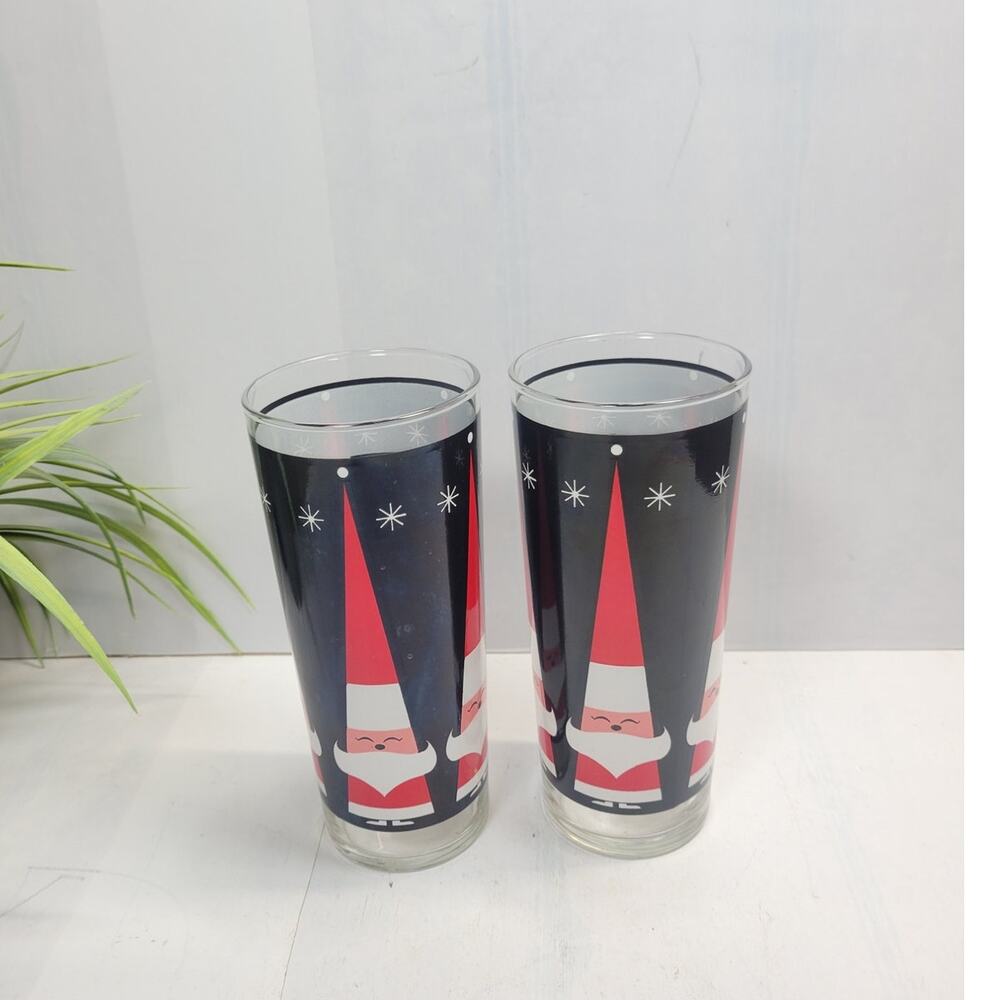 2 Vintage Howard Holt Happy Santa Tumblers Retro Libbey MCM 6-1/2"
